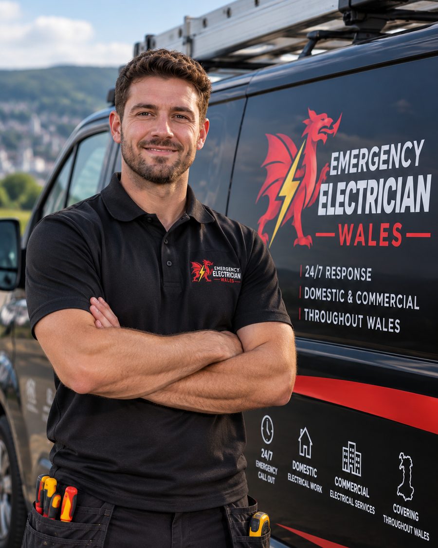 Electrician standing beside the Emergency Electrician Wales van